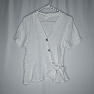 H&M Linen Tie Wrap Top Small White Short Sleeve Pearl Button V-Neck Asymmetric